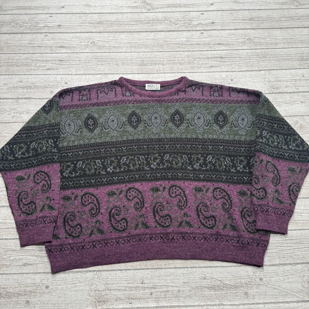 Vintage 90s Grandpa Sweater Mens 3XL Purple Oversized Paisley Fair Isle Pullover